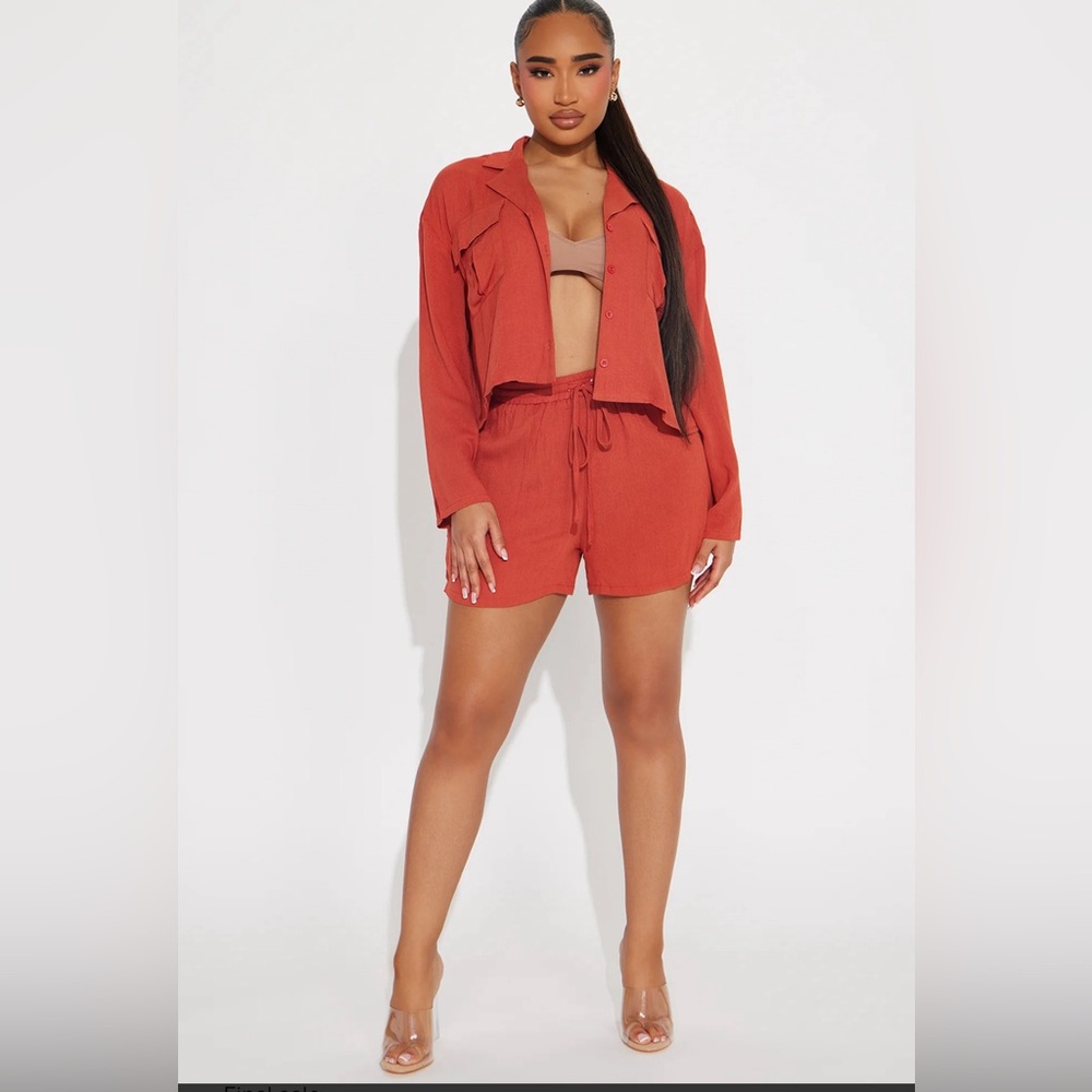 Fashion Nova Paradise Linen Cover Up Shorts Set-Rust-Sz.XL NWT🤎